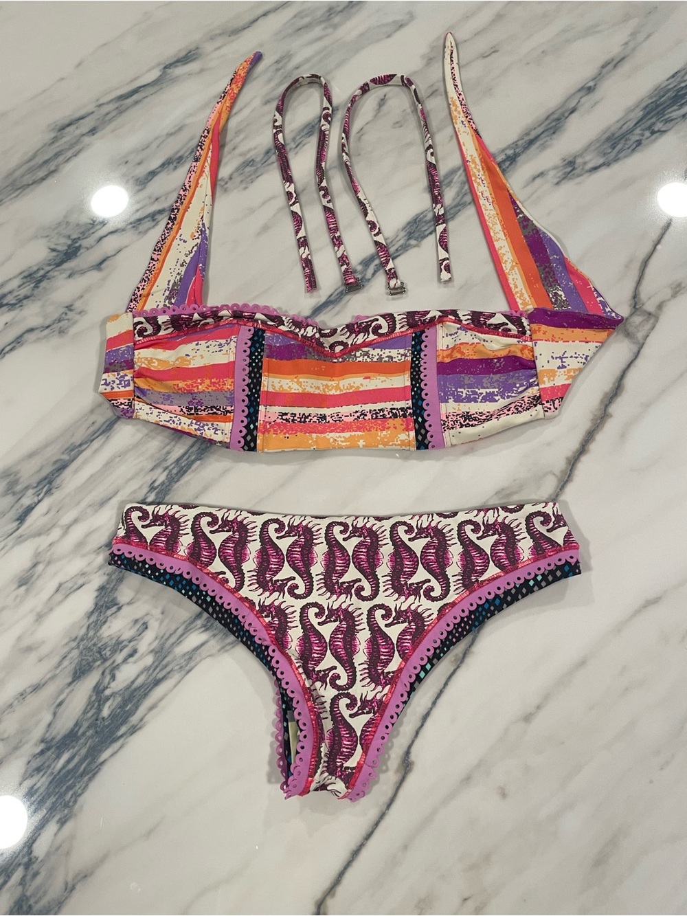 Maaji Reversible Multicolor Purple Pink Orange Stripe & Seahorse Bikini